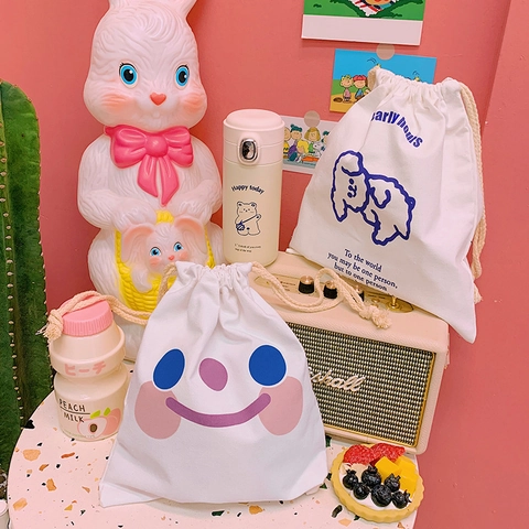 Sac De Rangement À Cordon En Toile Mignon Chien De Dessin Animé Visage Souriant Pochette Réutilisable Pour Maquillage