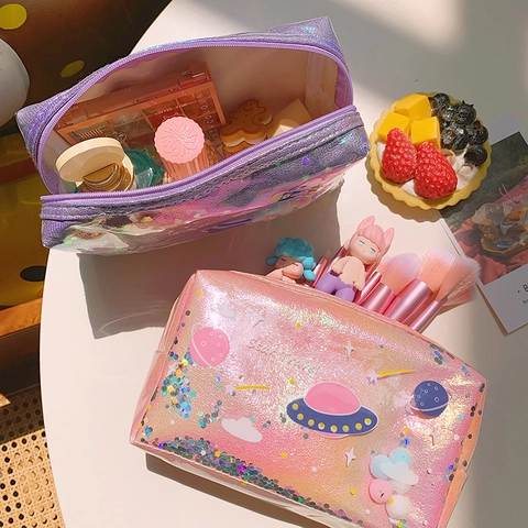 Cute Space Planet Quicksand Cosmetic Bag Laser PVC Holographic Coin Purse With Sequin Glitter Liquid For Women Girls Storage Pouch
