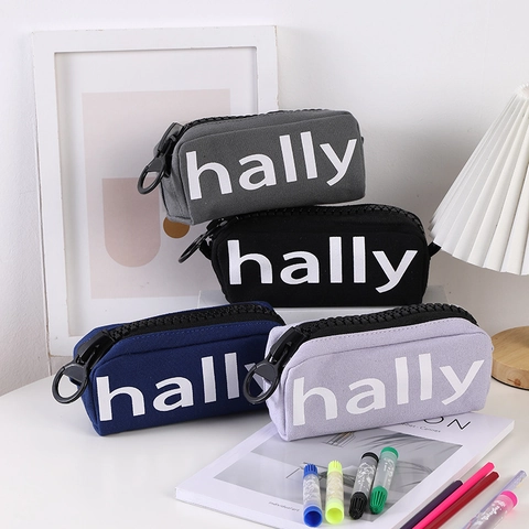 Large Capacity Canvas Pencil Case With Chunky Zipper Ring Puller Letter Print Simple Stationery Bag For Students Office