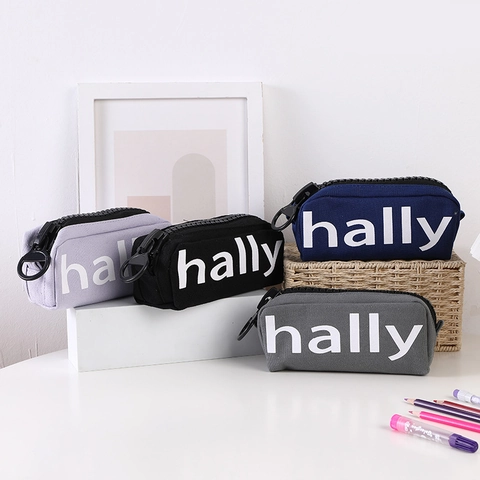 Large Capacity Canvas Pencil Case With Chunky Zipper Ring Puller Letter Print Simple Stationery Bag For Students Office