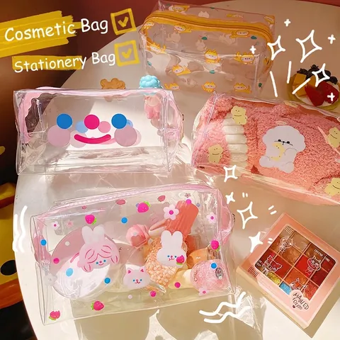 Cute Cartoon Transparent PVC Makeup Bag Waterproof Large Capacity Stationery Organizer Zippered Cosmetic Storage Pouch For Travel