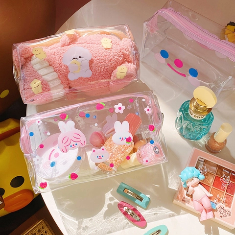 Cute Cartoon Transparent PVC Makeup Bag Waterproof Large Capacity Stationery Organizer Zippered Cosmetic Storage Pouch For Travel
