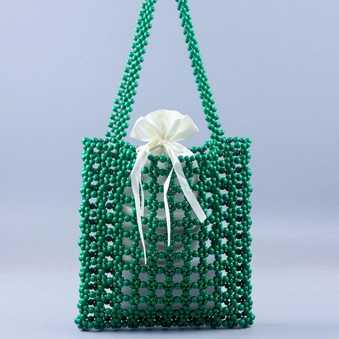Handmade Beaded Tote Bag Hollow Out Acrylic Bead Handbag With Satin Drawstring Liner Retro Vintage Style Women Elegant