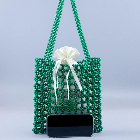 Handmade Beaded Tote Bag Hollow Out Acrylic Bead Handbag With Satin Drawstring Liner Retro Vintage Style Women Elegant