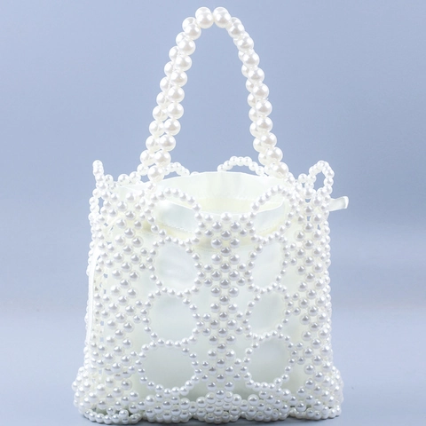 Handmade Faux Artificial Pearl Beaded Handbag For Women Hollow Woven Wedding Evening Bag With Satin Drawstring Liner Elegant