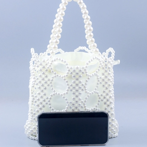 Handmade Faux Artificial Pearl Beaded Handbag For Women Hollow Woven Wedding Evening Bag With Satin Drawstring Liner Elegant