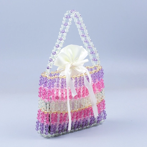 Handgefertigte Acryl Perlen Handtasche Regenbogen Gestreifte Damen Tote Tasche Mit Satin Innenfutter Retro Süß