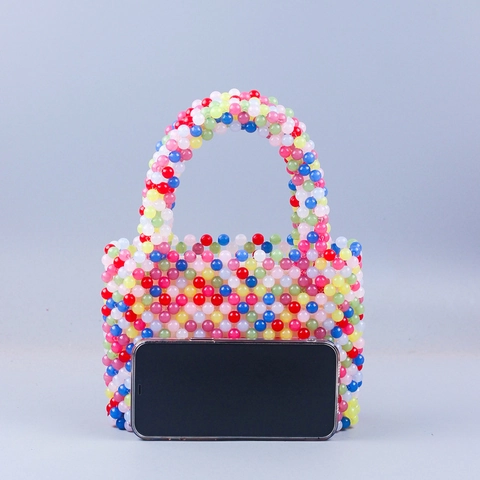 Borsa A Mano In Perline Di Acrilico Colorato Tessuta A Mano Arcobaleno Borsa Con Manico Per Donna Estate Festa