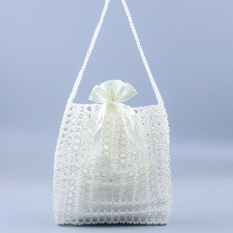 Handmade Artificial Pearl Beaded Handbag Elegant Acrylic Hollow Mesh Shoulder Bag With Satin Drawstring Lining For Women Daily