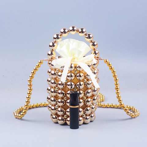 Goldene Perlen Eimer Tasche Handgewebt Acryl Umhängetasche Mit Satin Innenbeutel Elegant Für Damen