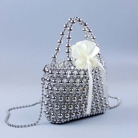 Trendy Silver Beaded Woven Handbag For Women Handmade Hollow Out Basket Bag With Satin Drawstring Inner Pouch And Chain Strap
