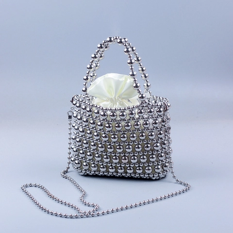 Trendy Silver Beaded Woven Handbag For Women Handmade Hollow Out Basket Bag With Satin Drawstring Inner Pouch And Chain Strap