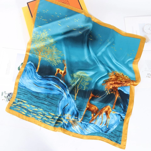 Imitation Satin Square Scarf Artistic Elk Deer Pattern Neck Kerchief Lightweight Elegant Satin Decorative Shawl For Women