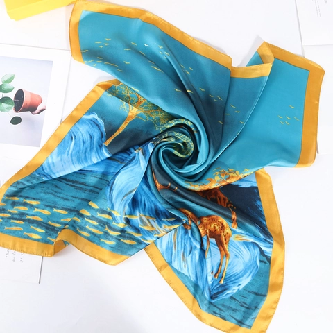 Imitation Satin Square Scarf Artistic Elk Deer Pattern Neck Kerchief Lightweight Elegant Satin Decorative Shawl For Women