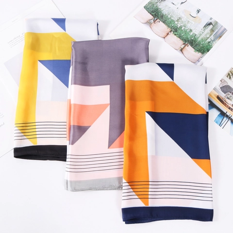 Vierkante Sjaal Geometrische Kleurblok Print Satijngevoel Polyester Satijn Nek Hoofddoek Voor Vrouwen Stijlvol Accessoire