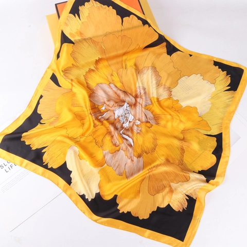 Women Square Scarf Elegant Floral Peony Print Simulation Satin Satin Neck Wrap Headscarf Vintage Style Accessory
