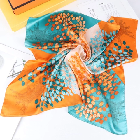Women Square Scarf Simulated Satin Satin Printed Neck Scarf Decorative Hair Wrap Artistic Tree Leaf Pattern Fashion