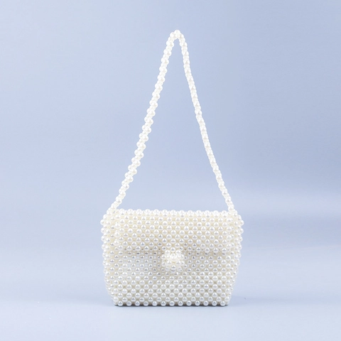 Handwoven Faux Artificial Pearl Beaded Shoulder Bag Elegant Minimalist Flap Underarm Handbag For Women Retro Chic Party Accessories