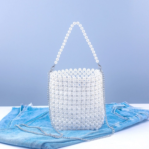 Künstliche Perlen Eimer Tasche Gewebte Acryl Handtasche Damen Mit Silberner Metallkette Lässig Elegant