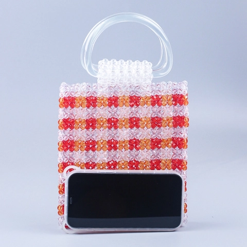 Bolso De Mano De Cuentas Hecho A Mano Acrílico Patrón De Flores Color De Contraste Bolso Retro Con Asas Transparentes Redondas Casual Verano