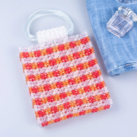 Bolso De Mano De Cuentas Hecho A Mano Acrílico Patrón De Flores Color De Contraste Bolso Retro Con Asas Transparentes Redondas Casual Verano
