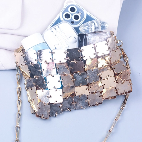 Sac À Bandoulière Carré À Paillettes Métalliques Tissé À La Main Chaîne Soirée Accessoire De Mode Femmes
