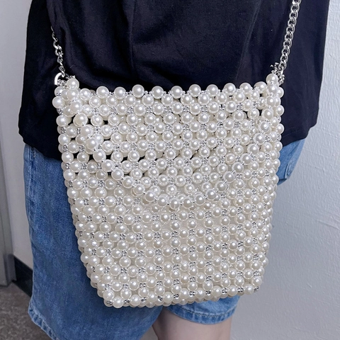 Künstliche Perlen Eimer Tasche Gewebte Acryl Handtasche Damen Mit Silberner Metallkette Lässig Elegant