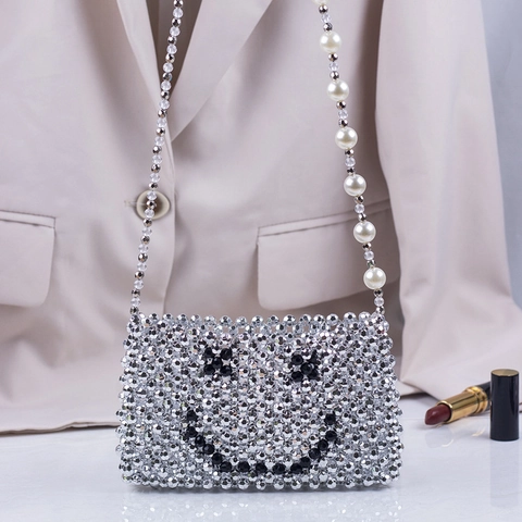 Handmade Woven Acrylic Beaded Crossbody Bag Silver Metallic Smiley Face Pattern Artificial Pearl Strap Fashion Mini Phone Purse