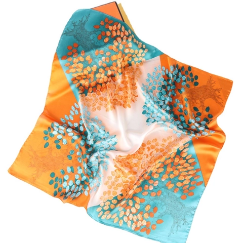 Women Square Scarf Simulated Satin Satin Printed Neck Scarf Decorative Hair Wrap Artistic Tree Leaf Pattern Fashion