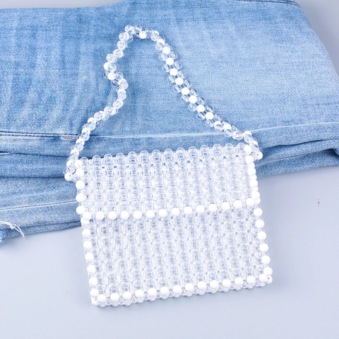 Handgemaakte Acryl Kralen Schoudertas Voor Dames Transparant Wit Geweven Flip Square Crossbody Handtas Voor Dagelijks