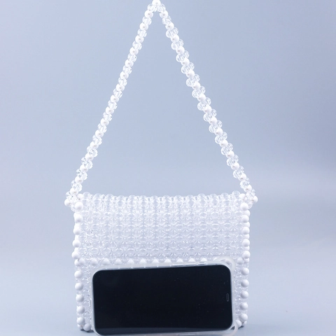 Handgemaakte Acryl Kralen Schoudertas Voor Dames Transparant Wit Geweven Flip Square Crossbody Handtas Voor Dagelijks