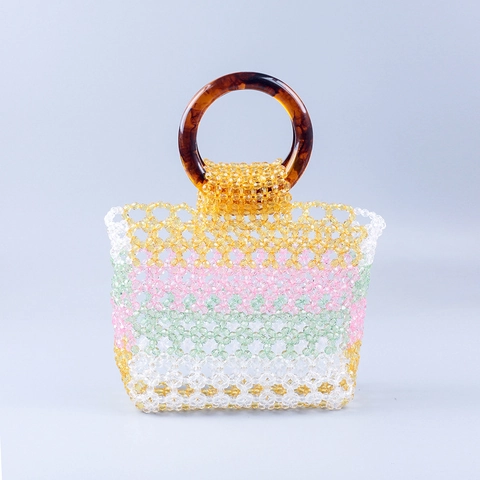 Sac À Main Perlé À La Hand Acrylique Transparent Couleurs Mélangées Poignée En Résine Ajouré Rétro Carré Femmes