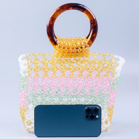 Sac À Main Perlé À La Hand Acrylique Transparent Couleurs Mélangées Poignée En Résine Ajouré Rétro Carré Femmes