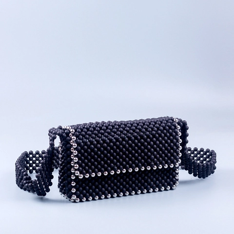 Borsa A Tracolla In Perline Di Acrilico Fatta A Mano Nero Opaco Perline Argentate Retro Intrecciata Per Donne