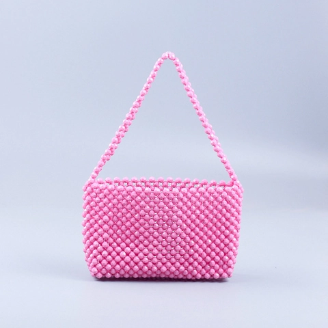 Handmade Beaded Shoulder Bag Pink Acrylic Beads Woven Handbag Sweet Fresh Style Versatile Women Fashion Party Tote