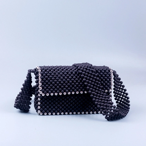 Borsa A Tracolla In Perline Di Acrilico Fatta A Mano Nero Opaco Perline Argentate Retro Intrecciata Per Donne