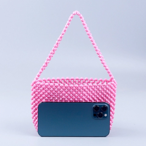 Handmade Beaded Shoulder Bag Pink Acrylic Beads Woven Handbag Sweet Fresh Style Versatile Women Fashion Party Tote