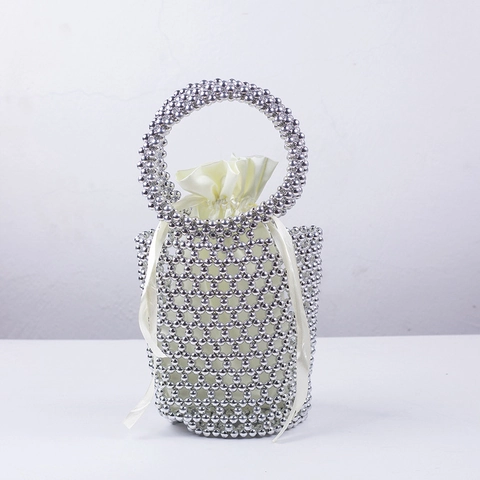 Handgefertigte Künstliche Perlen Eimer Handtasche Künstliche Perlen Acryl Künstliche Perlen Gewebt Mit Satin Innenbeutel Für Damen Party