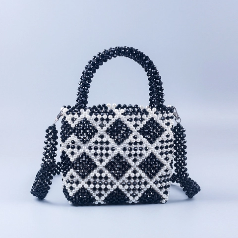 Vintage Handgemaakte Kralen Crossbodytas Elegant Zwart Wit Diamantpatroon Geweven Handtas Voor Dames Banket Avondtas