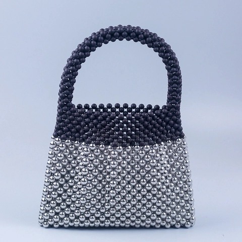 Bolso De Cuentas Acrílico Tejido Trapecio Color Contraste Negro Plata Streetwear Retro Moda Mujeres