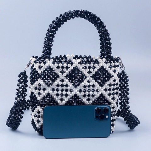 Vintage Handgemaakte Kralen Crossbodytas Elegant Zwart Wit Diamantpatroon Geweven Handtas Voor Dames Banket Avondtas