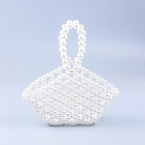Handmade Pearl Beaded Handbag For Women Vintage Hollow Woven Basket Bag Elegant Small Party Wedding Tote Bag White