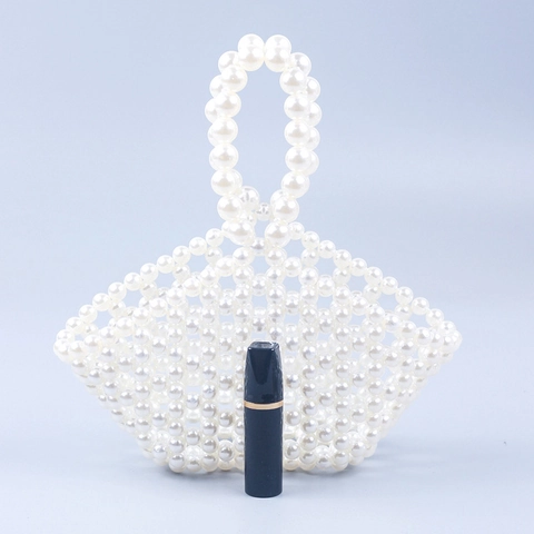 Handmade Pearl Beaded Handbag For Women Vintage Hollow Woven Basket Bag Elegant Small Party Wedding Tote Bag White