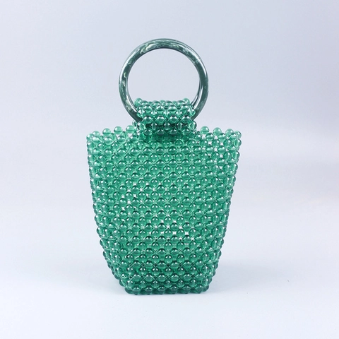 Borsa a Mano Vintage con Perline per Donna Secchiello Intrecciato in Acrilico Verde Fatto a Mano con Manico Rotondo Effetto Marmo