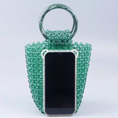 Borsa a Mano Vintage con Perline per Donna Secchiello Intrecciato in Acrilico Verde Fatto a Mano con Manico Rotondo Effetto Marmo