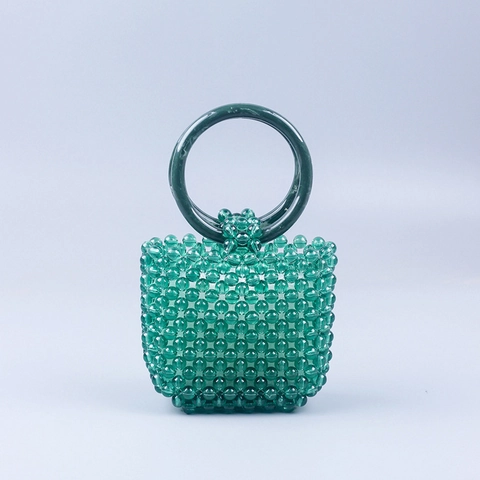 Green Acrylic Beaded Mini Handbag Handmade Woven Round Handle Retro Summer Bag Women
