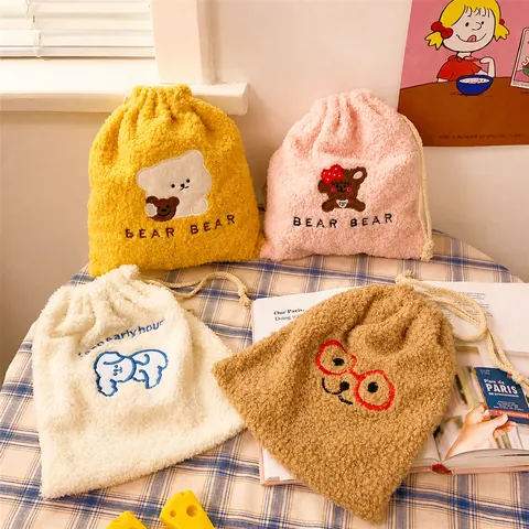 Cute Lamb Velvet Drawstring Bag Bear Embroidery Makeup Organizer Travel Portable Pouch Women Jewelry Cosmetic Accessories