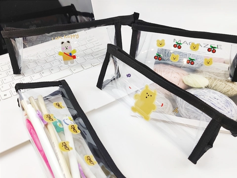 Astuccio in PVC Trasparente con Cartone Animato Motivo Orso Coniglio Impermeabile Borsa per Cancelleria per Studenti Chiusura a Cerniera