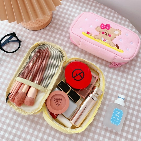 Kawaii Cartoon Dog Embroidery Plush Pencil Case Large Capacity Cotton Cloth Stationery Pouch Multi-functional Makeup Storage Bag For Students School Office