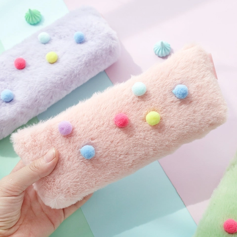 Macaron Plush Pencil Case With Colorful Pom Poms Soft Stationery Bag Large Capacity School Supplies For Students Women